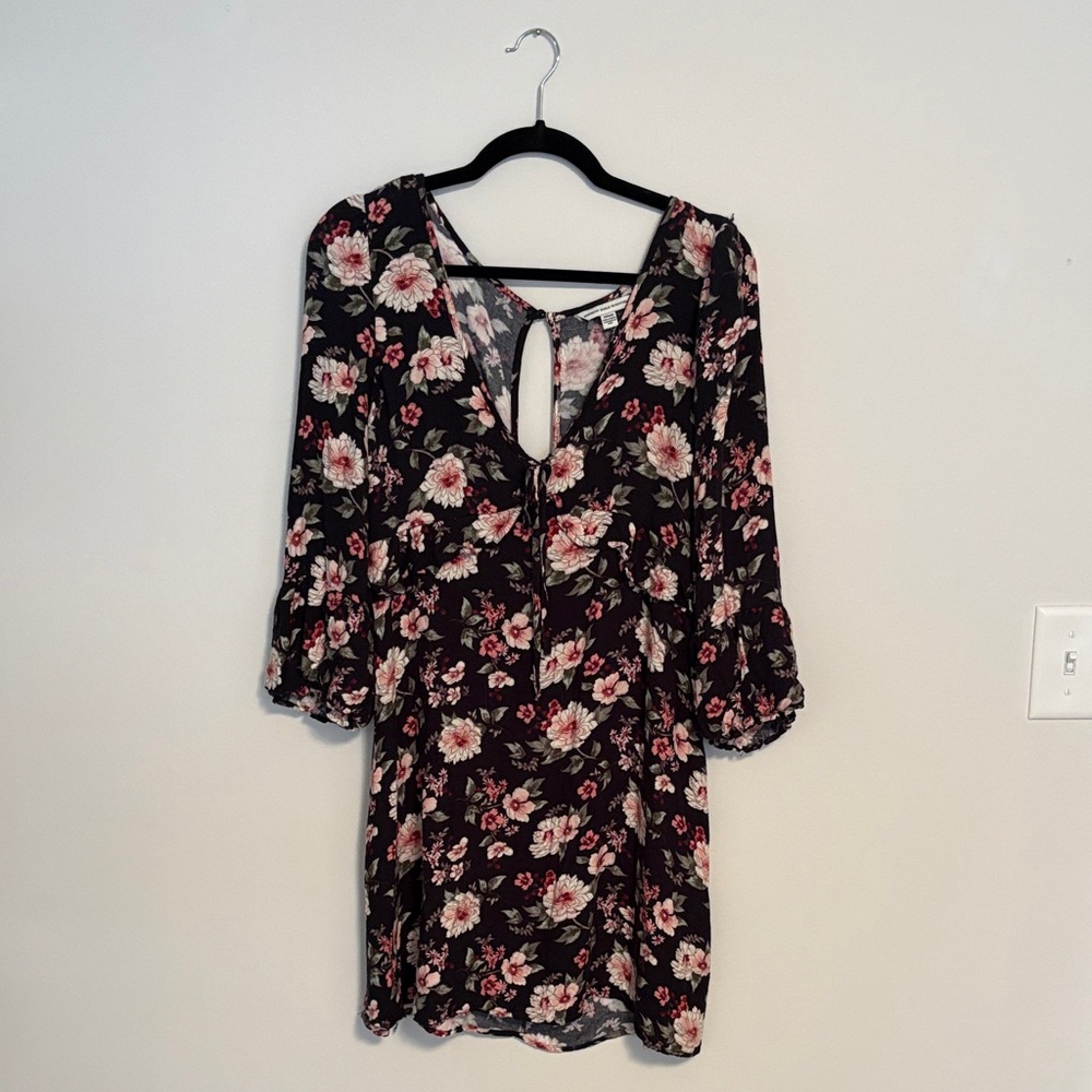 American Eagle Outfitters Black Floral Mini Dress with Pink and Cream Blooms